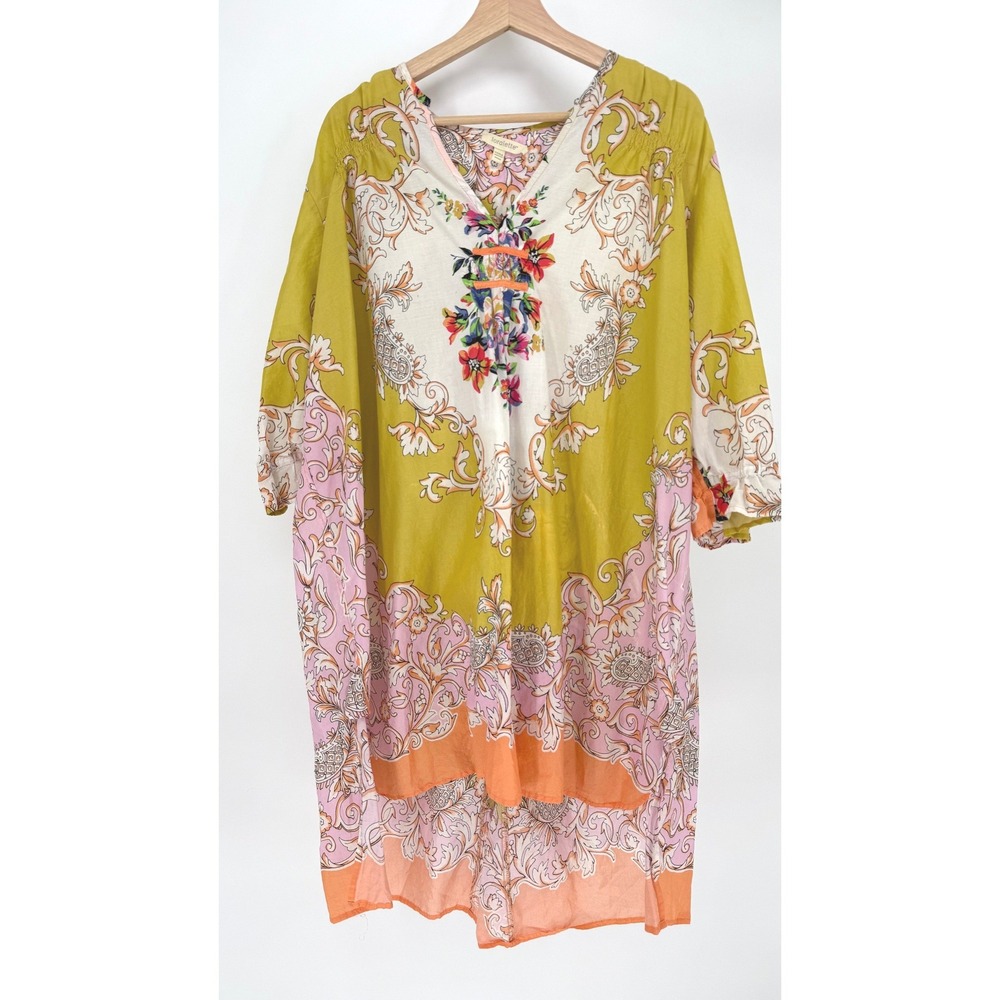 Loralette Tunic Top Womens 22/24 Yellow Pink Paisley Floral Boho Cotton, READ